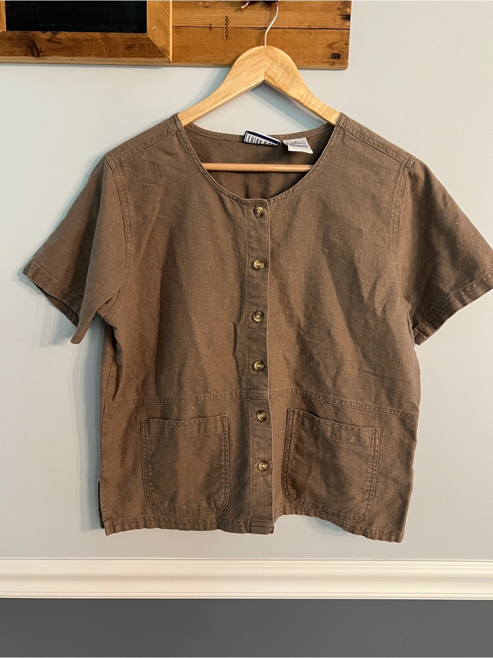 Linen Blend Minimalist Button Front Top Neutral Brown Size S